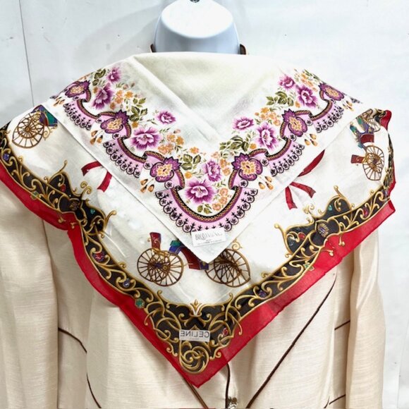 (2) Unused MiniScarfs19" : Celine Paris Red carriage horse +Blooming Floral (40) - Picture 7 of 12